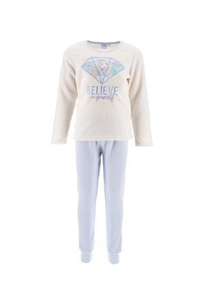 Fleece-Pyjama-Set mit einem cremefarbenen Langarmoberteil, das ein Diamantgrafik und Text zeigt, kombiniert mit hellblauen, figurnahen Hosen.