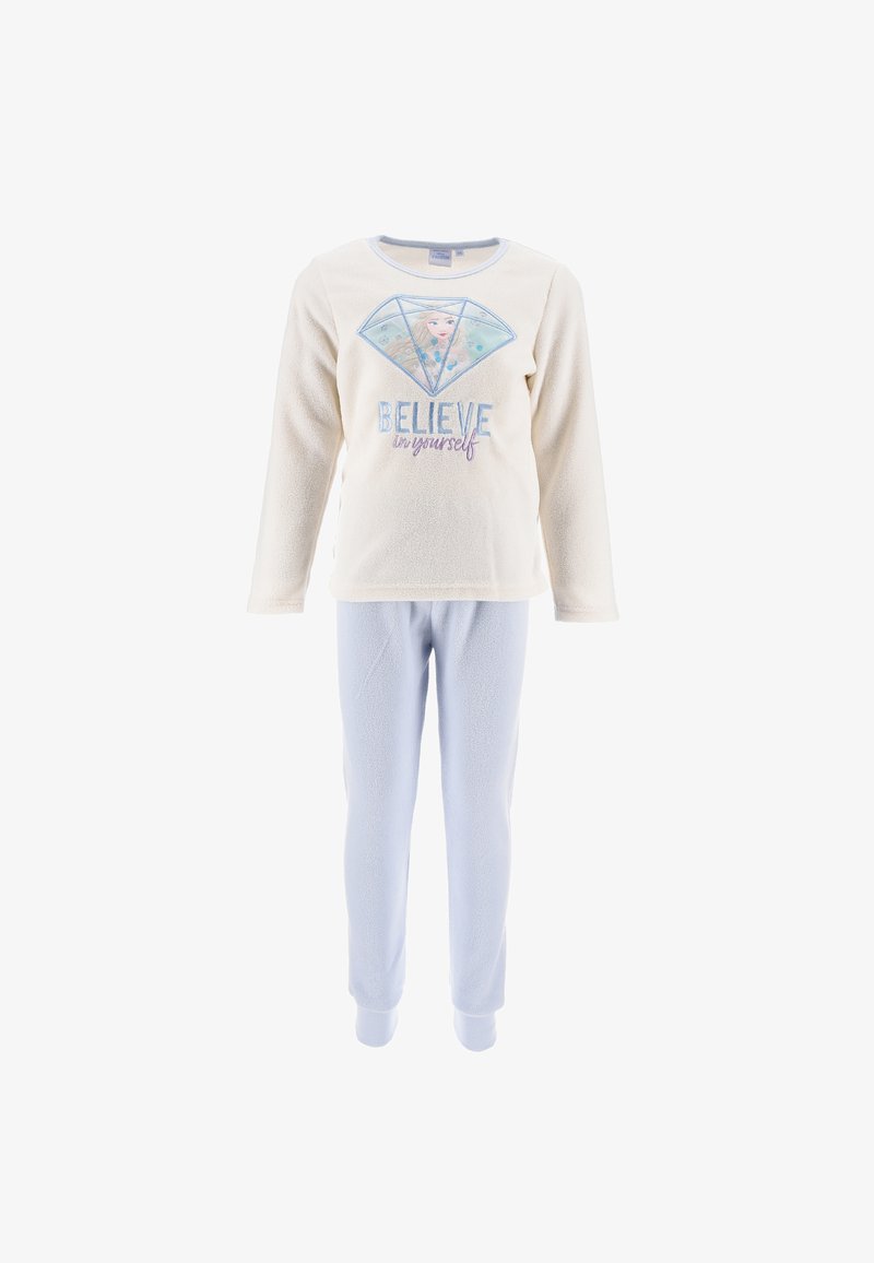 Conjunto de pijama de forro polar que incluye una camiseta de manga larga en color crema con un gráfico de diamante y texto, emparejada con pantalones ajustados de color azul claro.