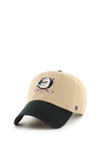 Beige baseball cap with black visor; features embroidered logo of a mask-wearing hockey player, crossed sticks, and team colors.