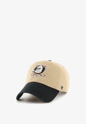 Beige baseball cap with black visor; features embroidered logo of a mask-wearing hockey player, crossed sticks, and team colors.