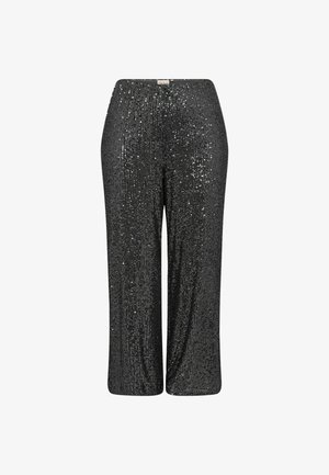 Pantaloni larghi neri con paillettes e cintura elasticizzata. Caratterizzati da una texture scintillante e una vestibilità ampia, ideali per occasioni formali o festive.
