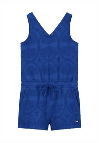 Modra frote obleka z V-izrezom, brez rokavov, elastičnim pasom in sprednjimi žepi. Ima teksturirano površino in vzorec z zvezdami.