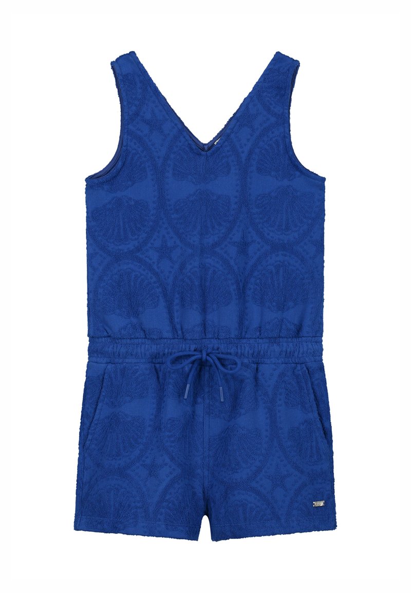 Modra frote obleka z V-izrezom, brez rokavov, elastičnim pasom in sprednjimi žepi. Ima teksturirano površino in vzorec z zvezdami.