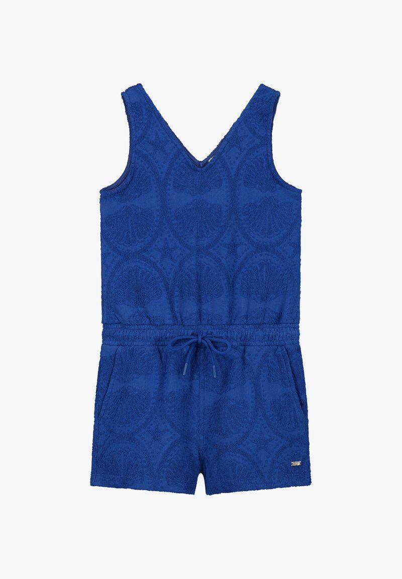 Modra frote obleka z V-izrezom, brez rokavov, elastičnim pasom in sprednjimi žepi. Ima teksturirano površino in vzorec z zvezdami.