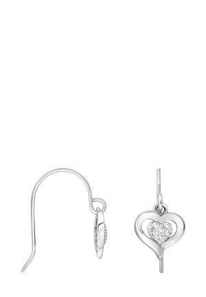 Boucles d'oreilles en forme de cœur en argent avec un groupe de petites pierres précieuses transparentes au centre, une vue de côté, une vue de face.