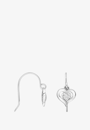 Boucles d'oreilles en forme de cœur en argent avec un groupe de petites pierres précieuses transparentes au centre, une vue de côté, une vue de face.