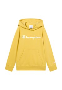 Żółta bluza z kapturem z kieszenią z przodu, białym logo "Champion", ściągaczami na rękawach i u dołu. Wykonana z miękkiego materiału.