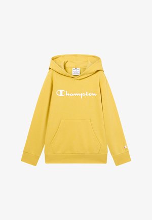 Gelbes Kapuzensweatshirt mit einer Fronttasche, weißem "Champion"-Logo, gerippten Bündchen und Saum. Hergestellt aus weichem Stoff.