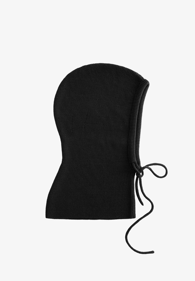 Balaclava tricot noir avec un sommet arrondi, des liens latéraux pour l'ajustement et une texture lisse. Conçue pour couvrir entièrement la tête et le cou.