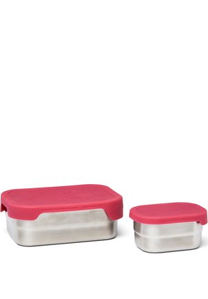 Edelstahl-Lebensmittellagerbehälter mit pinken Silikondeckeln, ein großes rechteckiges und ein kleines quadratisches Modell, mit strukturierten Oberflächendetails.