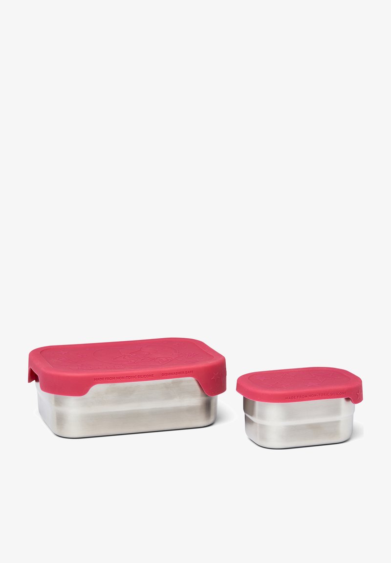 Stainless steel food storage containers with pink silicone lids, one large rectangular and one small square, featuring textured surface details.