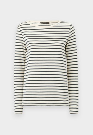 Long-sleeve striped shirt made of soft fabric, featuring horizontal navy and cream stripes, a round neck, and a relaxed fit.