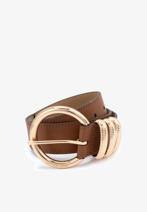 Brown leather belt featuring a gold round buckle with three textured rings. The belt includes precise stitching and multiple adjustment holes.