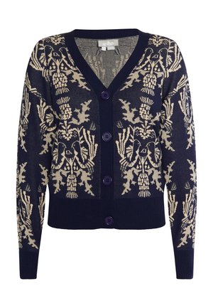 Navyblauwe cardigan met een ingewikkeld crèmekleurig bloemenpatroon. Heeft een V-hals, vijf paarse knopen en geribde manchetten en zoom.
