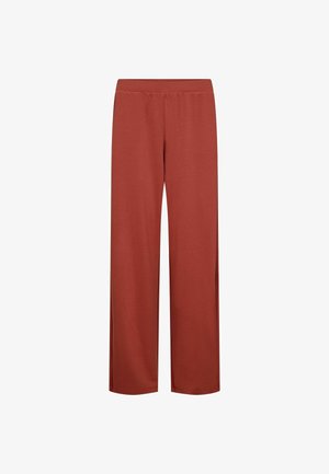 Roostevärvi laiad püksid, mis on valmistatud pehmest kangast, elastsest vööst ja ilma nähtavate mustrite või aktsentideta.