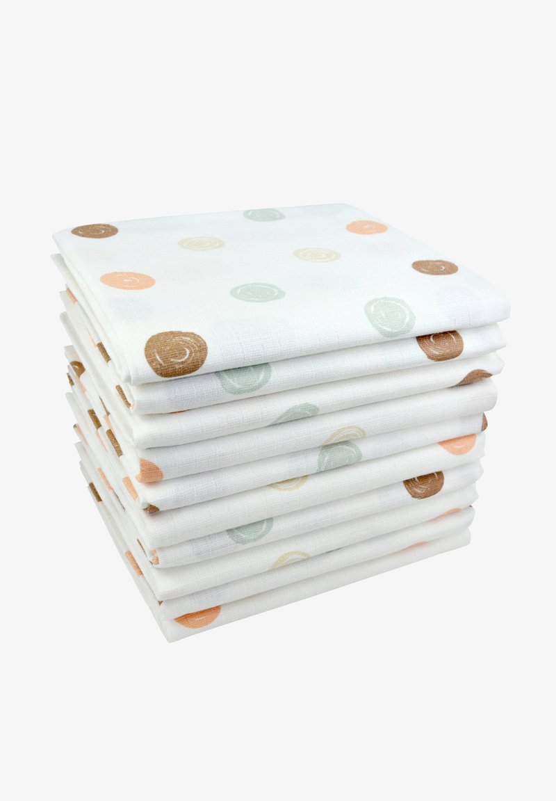 Stapeltje witte katoenen servetten met cirkelvormige patronen in pastelkleuren: groen, perzik en bruin. Eenvoudig ontwerp met gevouwen randen.