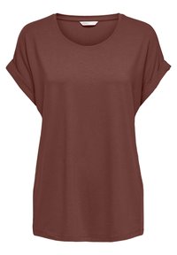 Brun kortärmad t-shirt med rund halsringning, avslappnad passform och uppvikt ärmdetalj, tillverkad av mjukt tyg med en slät textur.