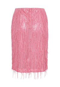 Jupe rose mi-longue avec détails verticaux en sequins et franges, coupe droite et taille ajustée.