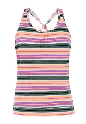 Mouwloos tanktop met horizontale strepen in paars, perzik, zwart en wit, met een geknoopte keyhole-detail bij de achterkant van de halslijn.