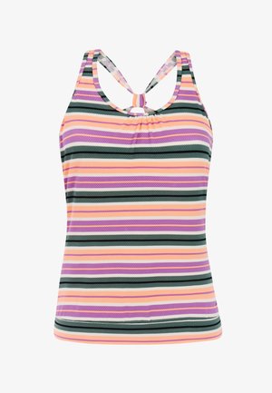 Mouwloos tanktop met horizontale strepen in paars, perzik, zwart en wit, met een geknoopte keyhole-detail bij de achterkant van de halslijn.