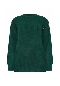 Groene gebreide trui met een ronde hals, lange mouwen en decoratieve knopen op de schouders. Gemaakt van gestructureerd garen voor extra warmte.