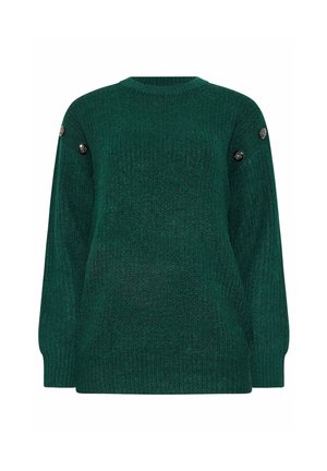 Suéter de punto verde con cuello redondo, mangas largas y botones decorativos en los hombros. Hecho de hilo texturizado para proporcionar calidez.