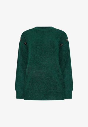 Suéter de punto verde con cuello redondo, mangas largas y botones decorativos en los hombros. Hecho de hilo texturizado para proporcionar calidez.