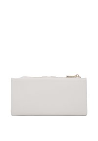 Portafoglio bianco in finta pelle con una texture liscia, forma rettangolare e chiusura con zip superiore. Dettagli di cucitura discreti lungo i bordi.