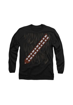 Langärmliges schwarzes Shirt mit einem Grafikdesign von braunem Fell und einem braunen Bandolier mit hellen Quadraten, das einem fiktiven Charakter ähnelt.