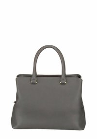 Sac à main en cuir gris avec double poignée supérieure, forme structurée, finition texturée et accents métalliques dorés. Design minimaliste sans marque visible.