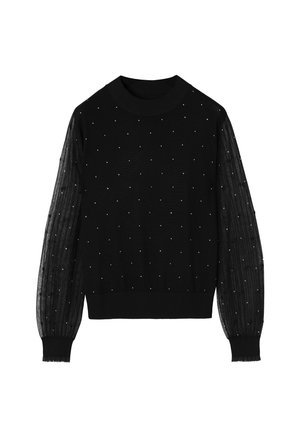 Pulover negru cu mărgele albe mici împrăștiate pe corp și mâneci lungi transparente, texturate, cu manșete și tiv striate.