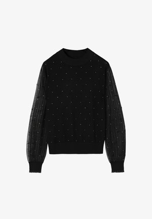 Pulover negru cu mărgele albe mici împrăștiate pe corp și mâneci lungi transparente, texturate, cu manșete și tiv striate.