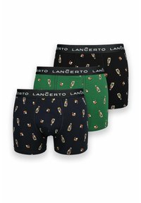 Zestaw trzech par bokserek z elastycznym czarnym pasem w logo "LANÇERTO"; kolory: czarny, zielony i granatowy z nadrukami butelek napojów.
