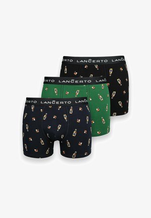 Zestaw trzech par bokserek z elastycznym czarnym pasem w logo "LANÇERTO"; kolory: czarny, zielony i granatowy z nadrukami butelek napojów.