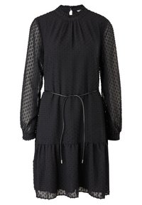 Black dress with textured dot pattern, long sheer sleeves, high neck, cinched waist, and tiered ruffle hem. Fastens with a back keyhole.