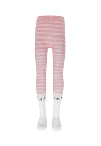 Rosa gestreifte Strumpfhosen mit weicher Textur, die einen weißen Fußbereich mit einem Bärenkopf-Design und schwarzen Akzenten aufweisen.