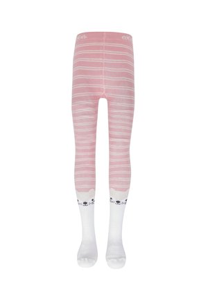Rosa gestreifte Strumpfhosen mit weicher Textur, die einen weißen Fußbereich mit einem Bärenkopf-Design und schwarzen Akzenten aufweisen.