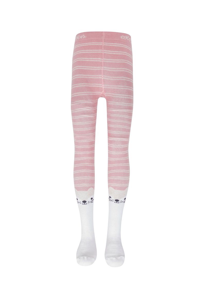 Collants rayés roses avec une texture douce, présentant une section de pied blanche ornée d'un design de visage d'ours et d'accents noirs.