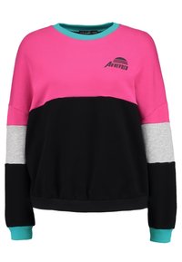 Sweat-shirt bicolore avec des nuances de rose, noir, gris et sarcelle. Confectionné en tissu doux avec un col rond et des poignets côtelés. Logo "Au Revoir" imprimé.