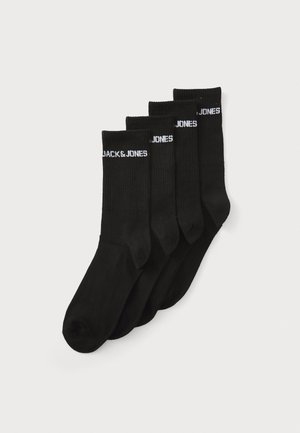 Black cotton socks. Four pairs with ribbed cuffs. "JACK & JONES" logo in white on the upper part of each sock. Classic ankle length.
