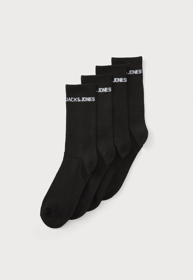 Schwarze Baumwollesocken. Vier Paare mit gerippten Bündchen. "JACK & JONES"-Logo in Weiß auf der oberen Hälfte jeder Socke. Klassische Knöchellänge.