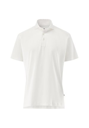 Polo bianca a maniche corte con colletto e tre bottoni sulla patta, mostrata su uno sfondo semplice.