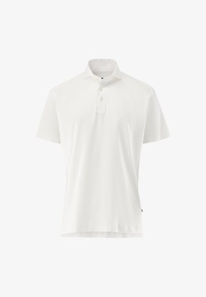 Weißes Polohemd mit kurzen Ärmeln, Kragen und drei Knöpfen auf der Knopfleiste, vor einfachem Hintergrund dargestellt.
