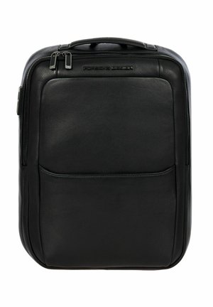 Black leather backpack with a smooth texture, featuring a front pocket, top handle, and silver hardware accents. Simple, rectangular design.