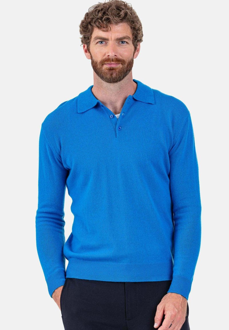 Blaues langärmliges Poloshirt aus weichem Stoff, mit Kragen, zwei Knöpfen sowie gerippten Bündchen und Saum.