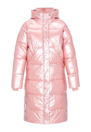 Cămașă puffy roz, strălucitoare, cu glugă, având un design capitonat, buzunare mari în față și închideri cu capse pe lateral.