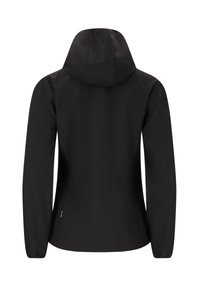 Veste noire à capuche avec manches longues, poignets élastiques et taille ajustée, vue de dos sur fond blanc.