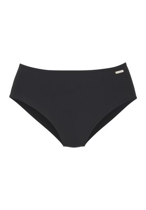 Black seamless bikini brief with a small metallic brand tag on the upper right side, displayed against a white background.