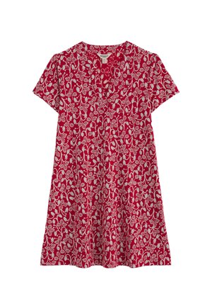 Červené šaty s krátkym rukávom s bielym kvetinovým a listovým vzorom, výstrihom do V a voľnou siluetou do A.
