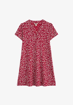 Rode jurk met korte mouwen, witte bloemen- en bladerenprint, V-hals en losse A-lijn silhouet.